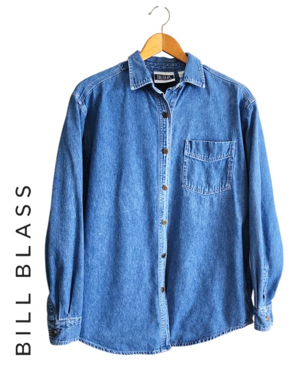 Bill Blass M Long Sleeve Denim Top Blouse Button Down Blue
